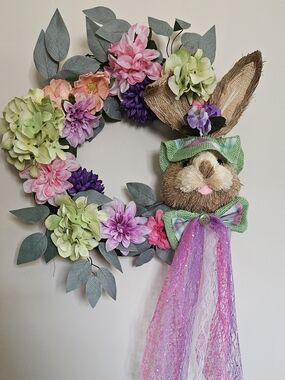 Spring Bunny Floral Wreath in Pastel Pink, Green & Purple